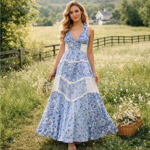 Blue Floral Shoulder Tie Patchwork Cottagecore Prairie Maxi Dress Medium